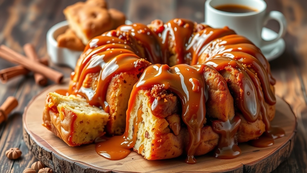Deliciously Sticky Monkey Bread Recipe Freshly baked Monkey Bread dripping with caramel, served on a rustic table.